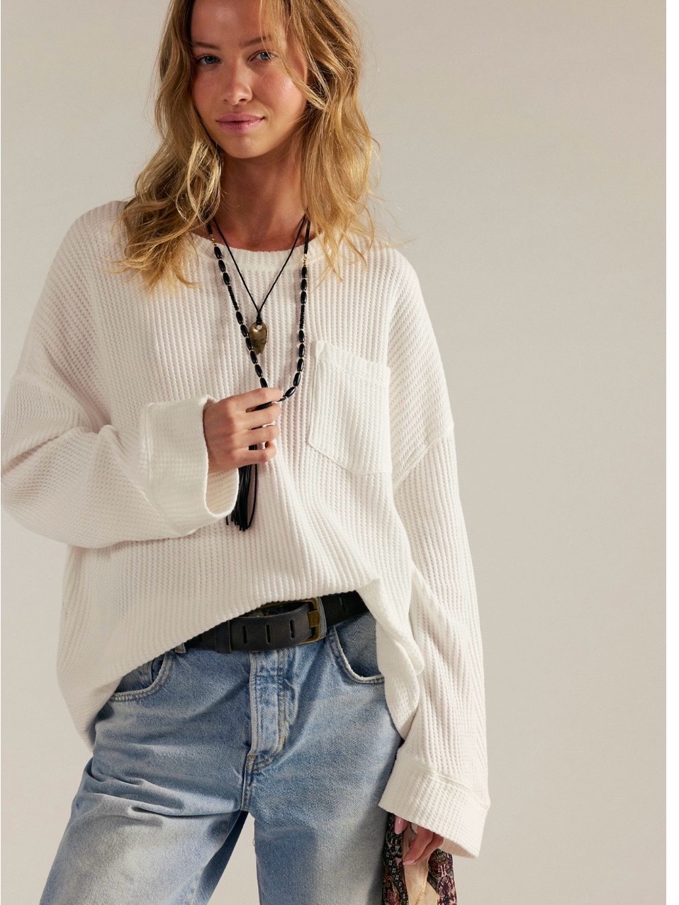 Free People Waffle Knit Long Sleeve Top